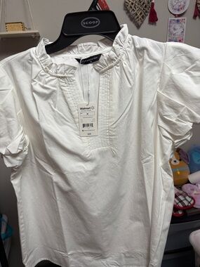 PrettyGarden Women's White Ruffled Collar Button-Down Blouse - M